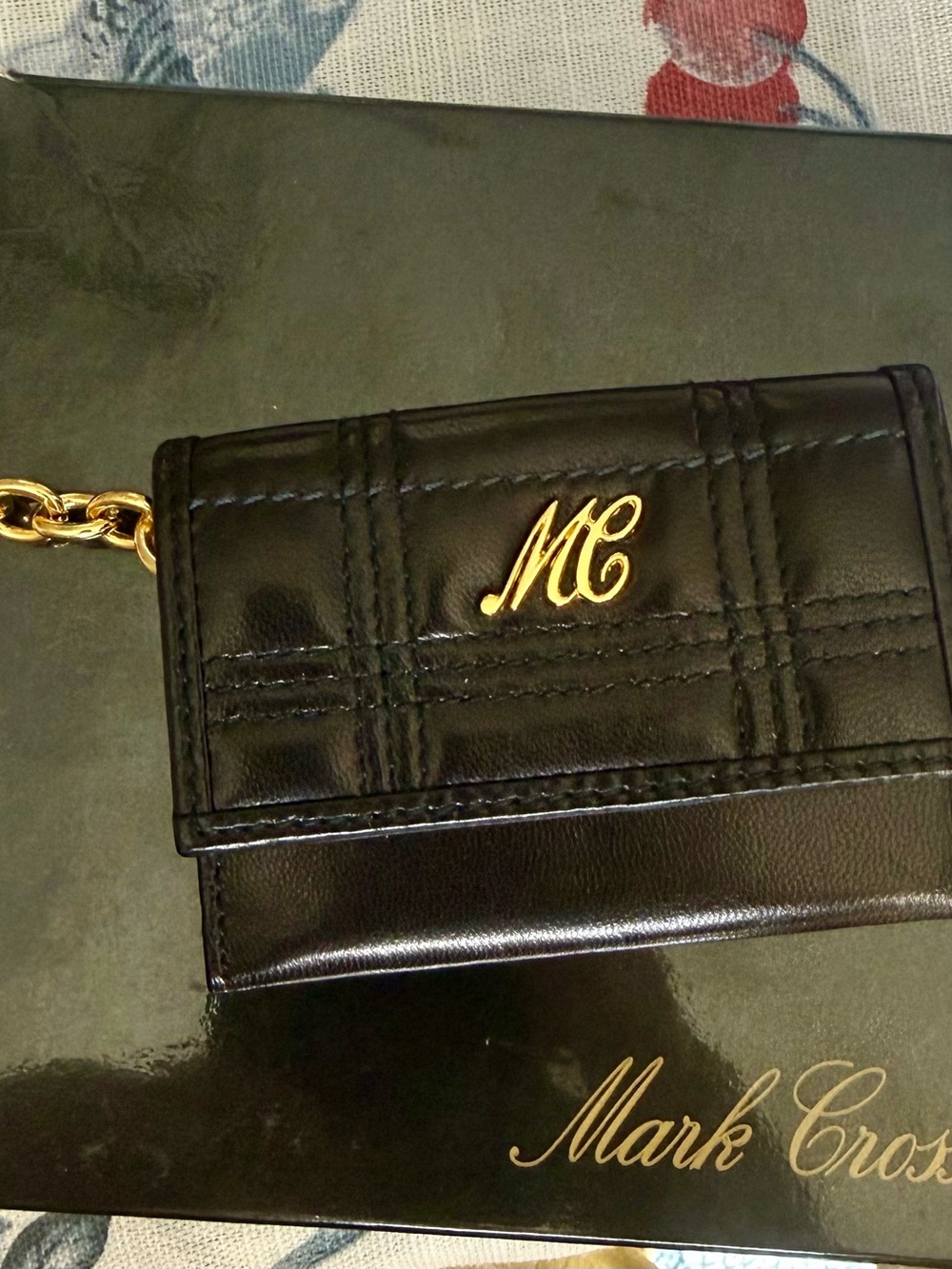 Mark Cross Black Quilted Leather Key & Card Holder with Gold Hardware